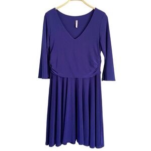 Last Tango sz LARGE Blue Faux Wrap Dress Slinky Flare Sleeve Knee-Length Stretch